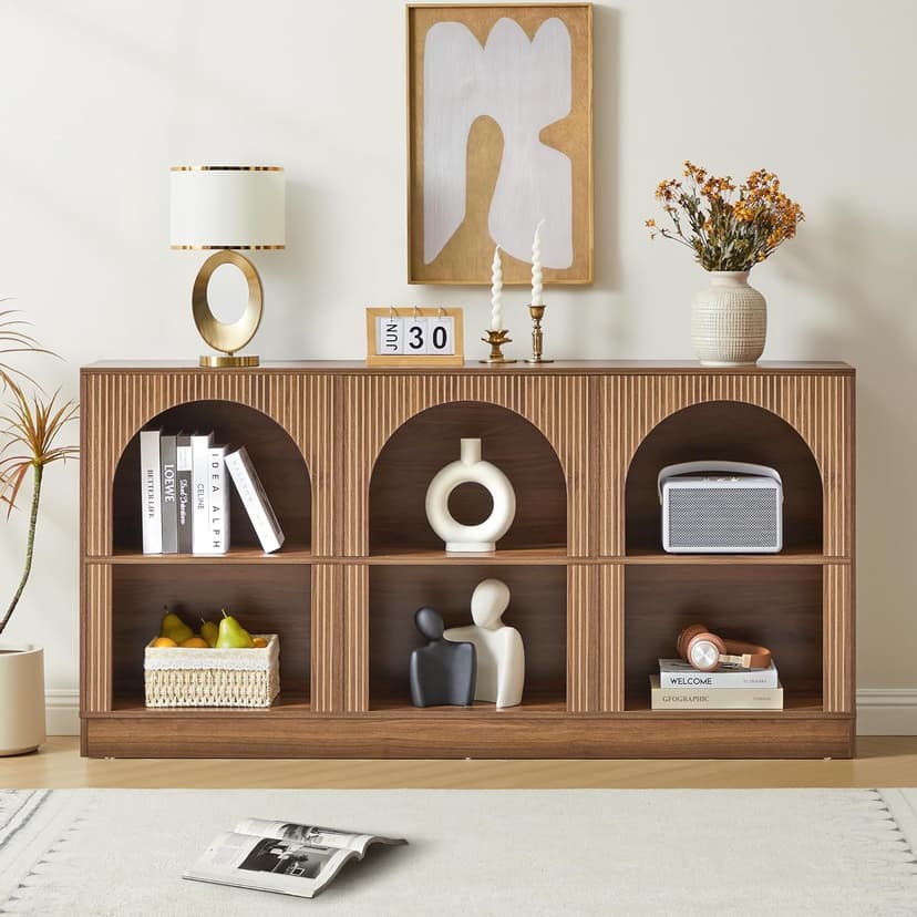 Console Table with 3-Tier Open Storage, 63" Arched Entryway Table with Carved Fluted Panels, Rectangular Wooden Sofa Table for Living Room, Hallway, or Behind Couch (1, Walnut)