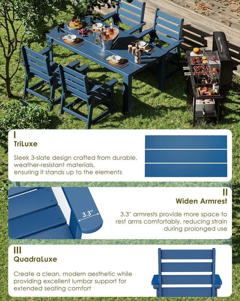 GREENVINES 7-Piece Outdoor Dining Set | HDPE | Patio Table and Chairs Sets for 6 | Patio Furniture | All Weather | Umbrella Hole | Blue| for Backyard Poolside Garden