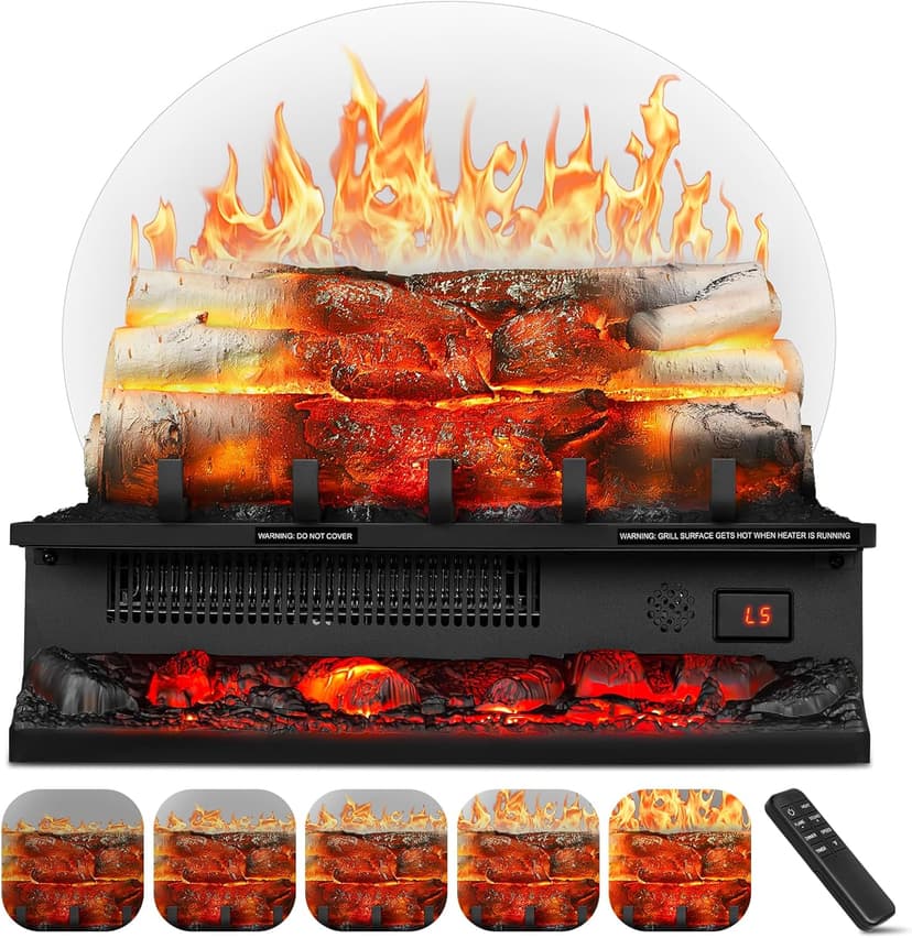 Electric Fireplace Log Heater 750W/1500W, 20" Electric Fireplace Insert with Adjustable 5 Flame Brightness&Speed/3 Music Sounds/Remote Control/8Hrs Timer for Home, Room, Office Decor