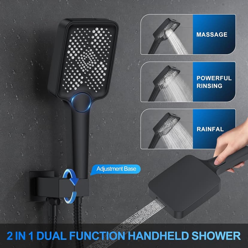 Shower Faucet Set, 12" Ceiling Mount Rainfall Shower System with 2 Rain Shower Head and Multi-function Handheld Head Push Button Diverter Shower Faucet Trim Kit (12", Matte Black)