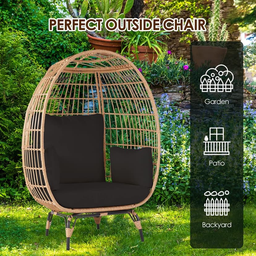 Oversized Wicker Egg Chair Set of 2, Outdoor Indoor Lounger with 4 Cushions, 440lb Capacity, Egg Basket Chair for Living Room, Backyard, Balcony, Patio, Black