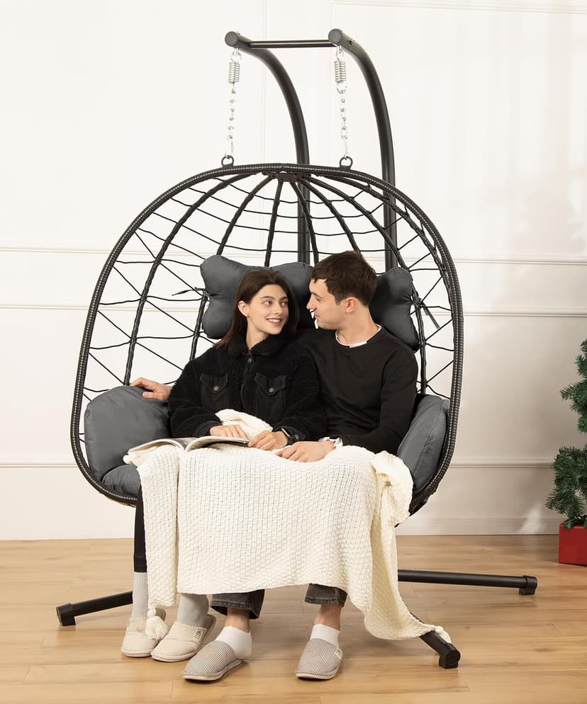 Double Egg Chair wth Stand Hammock Swing Chair Foldable Hanging Loveseat, UV Resistant Removable Cushions, 700LBS Capacity for Bedroom, Balcony, Garden(BK-GR)
