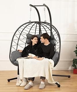 Double Egg Chair wth Stand Hammock Swing Chair Foldable Hanging Loveseat, UV Resistant Removable Cushions, 700LBS Capacity for Bedroom, Balcony, Garden(BK-GR)