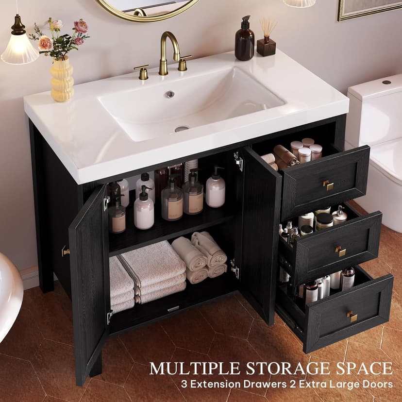 DWVO 42 Inch Bathroom Vanity with Sink Combo, Modern Bathroom Storage Cabinet with Resin Basin, Three Holes, 2 Doors & 3 Drawers, Black