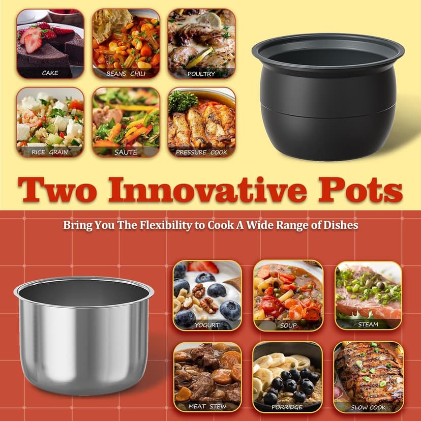 Fullwill Electric Pressure Cooker 6QT Dual Pots, 12 in 1 MultiFunction Cooker with 304 Stainless Steel & Ceramic Pots, Pressure Cook, Soup, Porridge, Yogurt, Meat Stew, Rice, Poultry, Beans and More