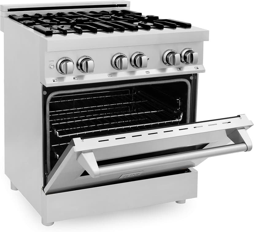 ZLINE 30 Inch 4.0 Cubic Foot Stainless Steel Dual Fuel Range with 4 Burner Porcelain Cooktop, Gas Stove, Cast Iron Grill, and Electric Convection Oven