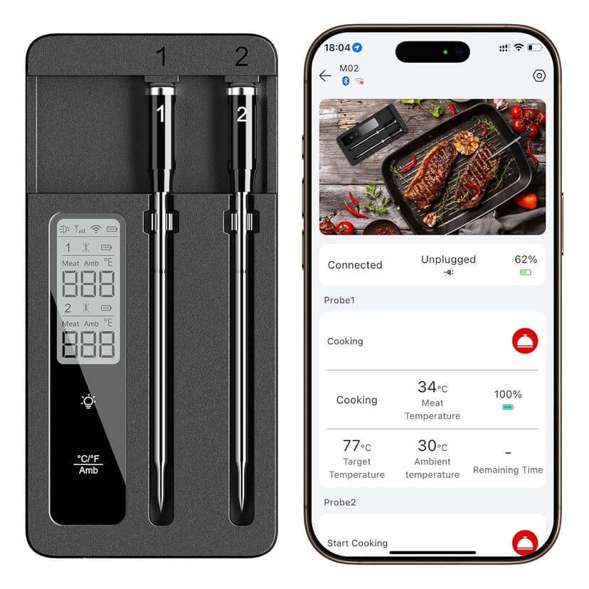 Smart Wireless Meat Thermometer with Dual Probes, Bluetooth & WiFi Combo, Remote Monitoring & Smart Alerts for BBQ, Grill, Smoker, Oven, Air Fryer