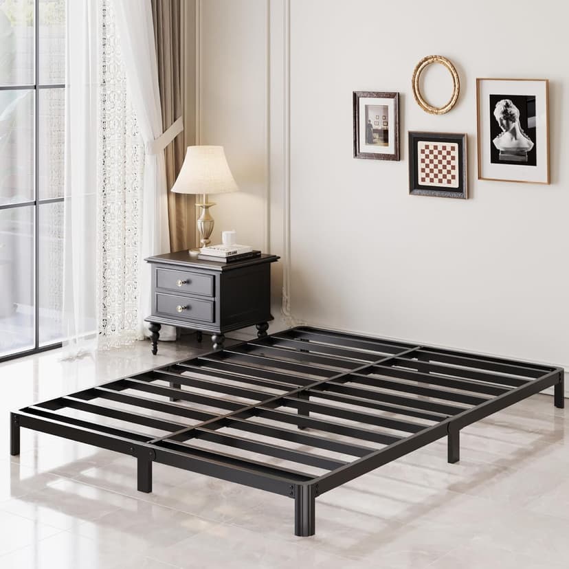7 Inch Low Queen Bed Frame with Rounded Corner Legs, 2000 LBS Heavy Duty Metal Slats Support Queen Platform Bed Frame No Box Spring Needed, Easy Assembly, Black
