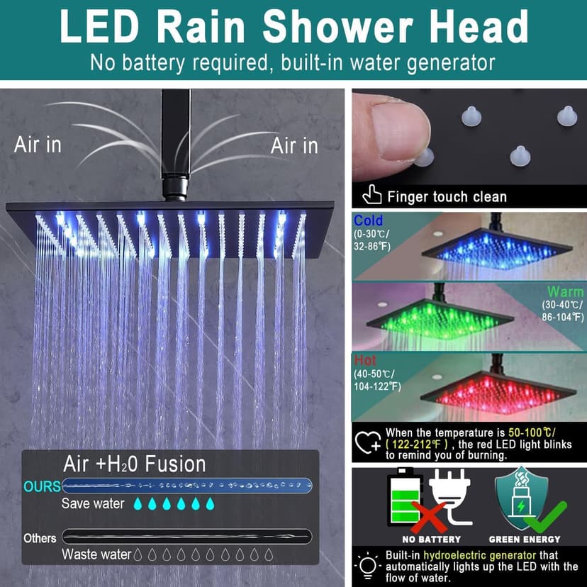 Full Body Rain Shower System - 16inch Matte Black LED Rain Shower Thermostatic Faucet Set - Spray Jet with On-off Switch, Can Run Together