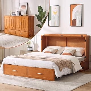 Queen Murphy Bed with Tri-Folding Mattress, Space-Saving Queen Size Wall Bed Built-in Charging Station, Foldable Murphy Bed Cabinet with 2 Storage Drawers for Bedroom, Guest Room, Cherry