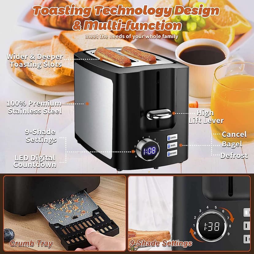 Toaster 2 Slice Wide Slot Toaster Best Rated Prime Displav Smart Toasters with LCD Digital Countdown Timer and Bagel/Defrost/Cancel/Reheat Function