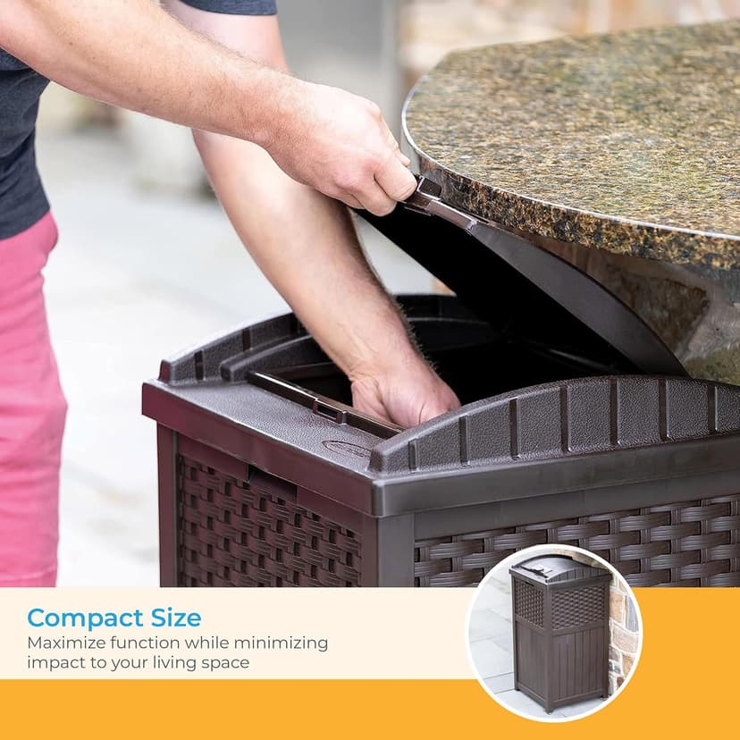 Suncast 33 Gallon Commercial Outdoor Trashcan Hideaway with Lid for 30 to 33 Gallon Trash Bags for Garage, Backyard, or Garden, Brown