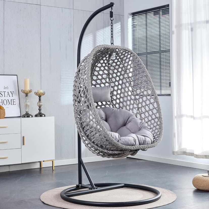 Egg Swing Chair Outdoor with Stand, Hanging Egg Rattan Basket Chair with Cushion and Pillow, Lounge Chairs, Foldable Basket and Metal Stand for Porch, Patio, Bedroom, Balcony,Yard (Grey)
