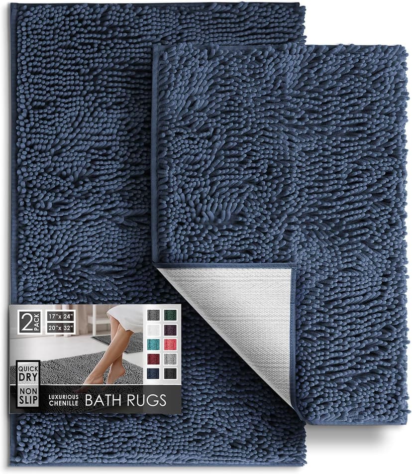 Hearth & Harbor Bathroom Rugs Sets 2 Piece, Chenille Bath Mat Set - Machine Washable Bath Mats for Bathroom Non-Slip Backing Rubber Quick Dry Bathroom Mat - Navy Bath Rug, 17x24-20x32