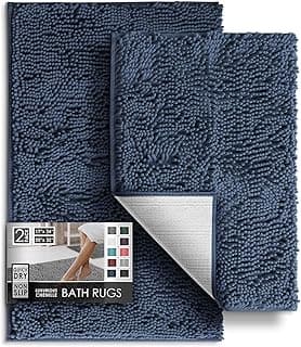 Hearth & Harbor Bathroom Rugs Sets 2 Piece, Chenille Bath Mat Set - Machine Washable Bath Mats for Bathroom Non-Slip Backing Rubber Quick Dry Bathroom Mat - Navy Bath Rug, 17x24-20x32