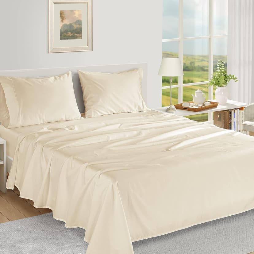 LANE LINEN 100% Egyptian Cotton 1000 TC King Bed Sheets, Eco Friendly No Pill Naturally Cooling Sheet King Size, Soft & Comfy Sateen Weave Silky Smooth Finish, Available in Variety of Colors -Ivory