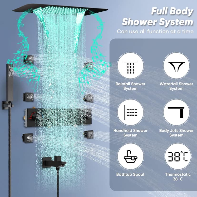 Thermostatic Shower System, Full Body shower syetem with Body Jets, 23 Inch Rainfall Waterfall Overhead Shower System in Matte Black