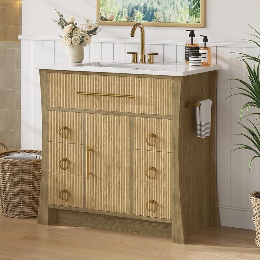 IRONCK 36" Bathroom Vanity with Sink, Freestanding Bathroom Sink Cabinet with 4 Drawers & 1 Flip-Down Drawer, Wood Grain Texture, Metal Handle, Farmhouse