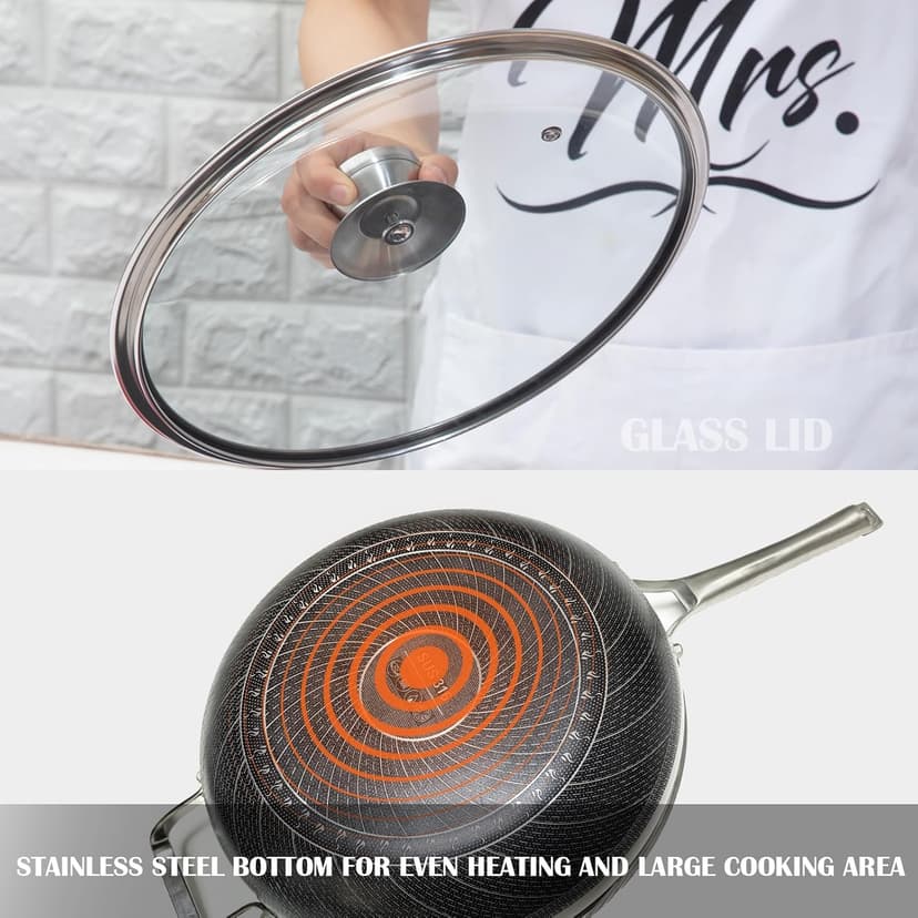 Wok Pan,Hybrid Nonstick 14 Inch Wok with Lid,Induction Non Stick Stainless Steel Large Deep Woks&Stir-Fry Pans,Stay-Cool Handle Skillets,PFOA Free Cookware,14 Inch Wok Pan