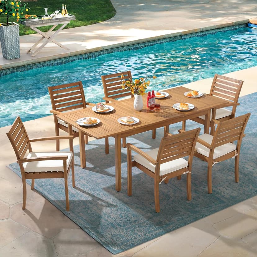 OC Orange-Casual Stackable Patio Dining Chairs Set of 4, Outdoor Acacia Wooden Chairs w/Armrest & Removeable Fabric Cushion, for Porch, Backyard, Garden, Indoor, Beige