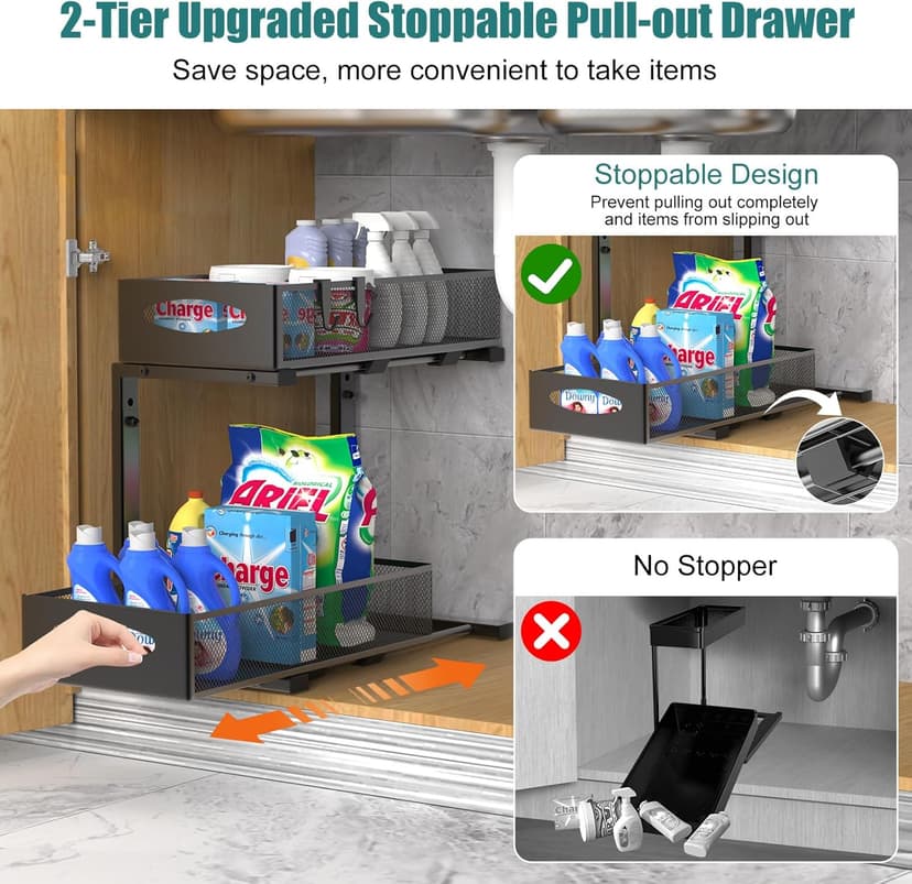 2 Pack Under Sink Organizer, 2 Tier Metal Pull Out Under Sink Storage with Sliding Mesh Drawers, Height Adjustable Slide Out Under Sink Organizer for Kitchen Bathroom Cabinet, Black