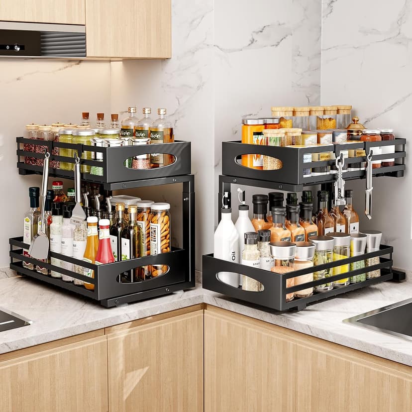 Under Sink Organizer, Pull Out Cabinet Organizers, Slide Sink Steel Shelf Cabinet Storage Shelves, Under Sink Storage for Kitchen Bathroom Cabinet (Black, 2 Pack)