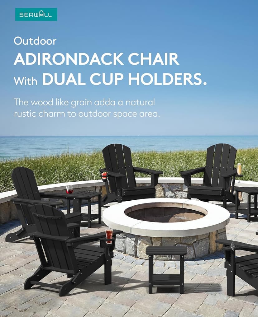 SERWALL HDPE Folding Adirondack Chair with Dual Cup Holder - Composite Adirondack Chair - Black