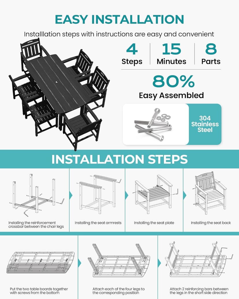HDPE Outdoor Dining Set, 7 Piece Patio Table and Chairs Set with 2" Umbrella Hole, All Weather Patio Furniture for 6 Person in Garden, Backyard, Deck | Matte Black