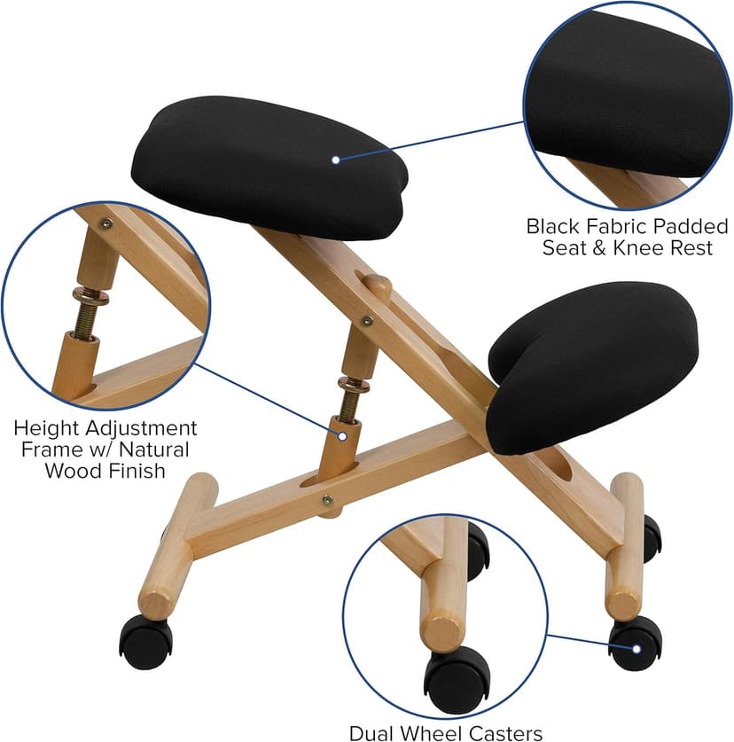 Flash Furniture Posey Mobile Wooden Kneeling Office Chair for Improved Posture, Height-Adjustable Ergonomic Office Kneeling Chair, Natural/Black