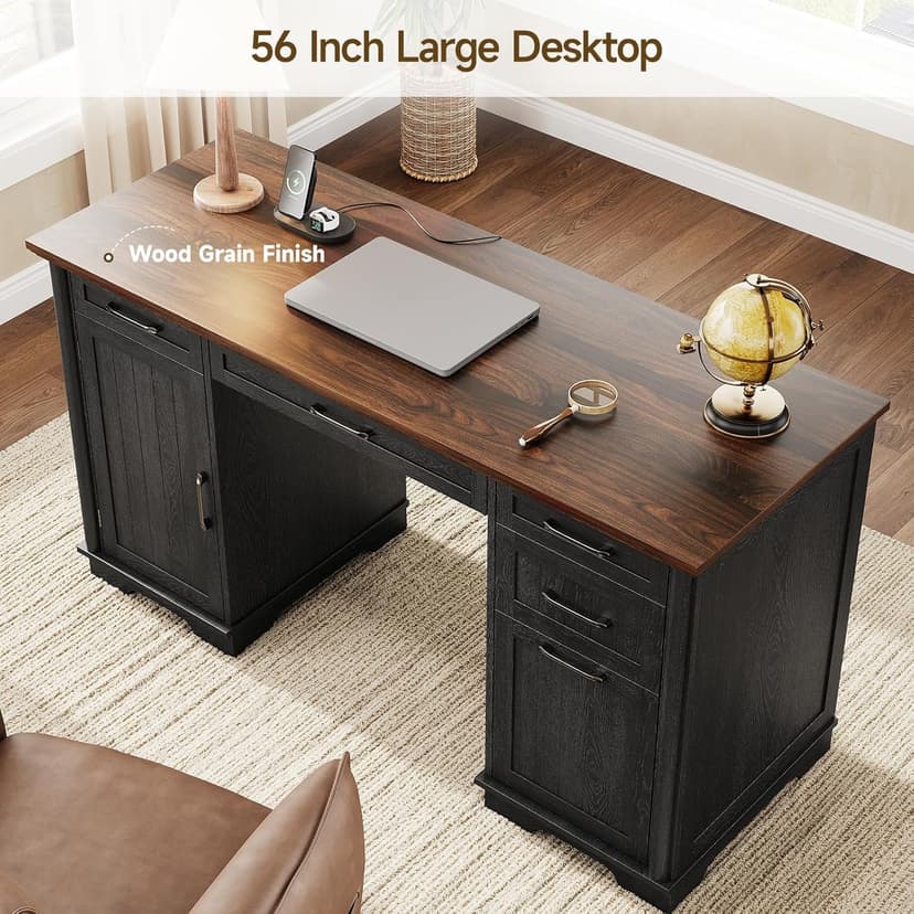 56" Large Modern Executive Desk, Farmhouse Computer Desk with File Drawers, Wood Home Office Desks with Charging Station, Adjustable Shelf, Storage Cabinet, for Writing Work Study (Black)