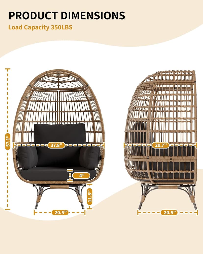 360°Oversize Swivel Egg Chair Outdoor, Heavy-Duty Steel Wicker Egg-Shaped Chair w/4 Cushions, Patio Rotating Rattan Egg Basket Lounge Seat for Patio, Porch, Backyard, Living Room, Black