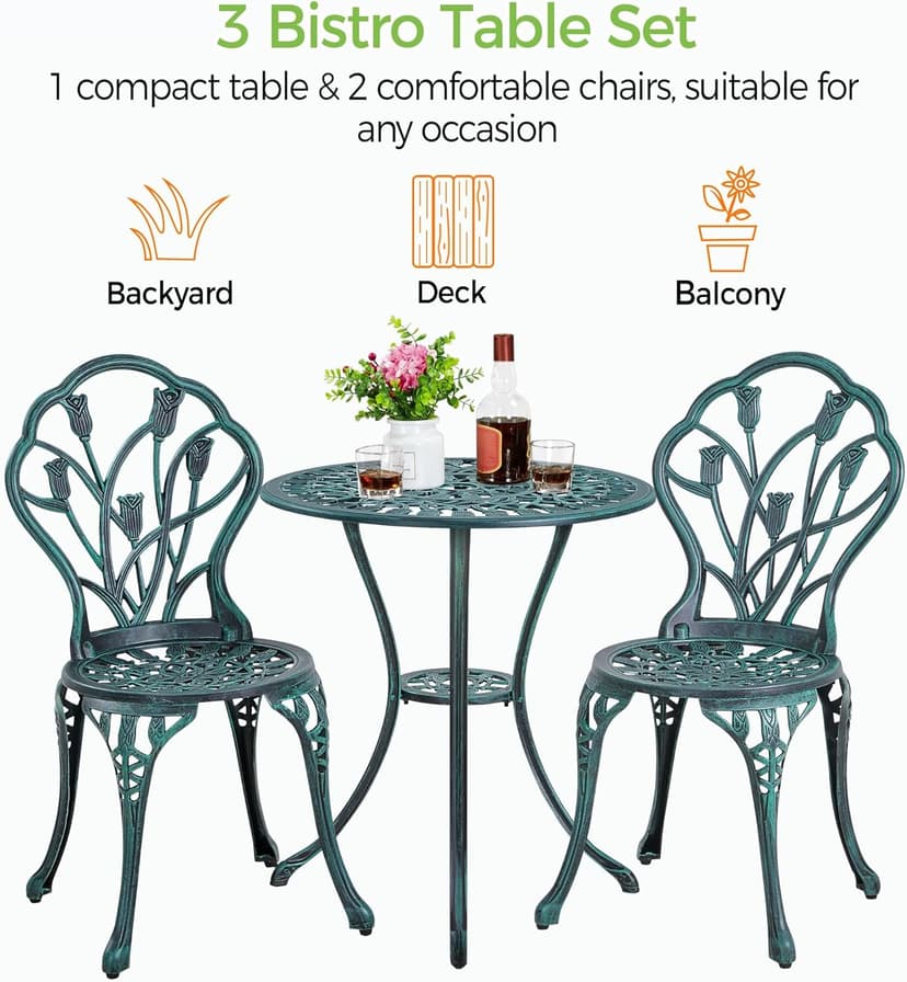 Yaheetech Patio Bistro Sets 3 Piece Cast Aluminum Bistro Table and Chairs Set, Cast Aluminum Bistro Table and Chairs Set of 2 with Umbrella Hole for Patio Backyard Balcony, Green