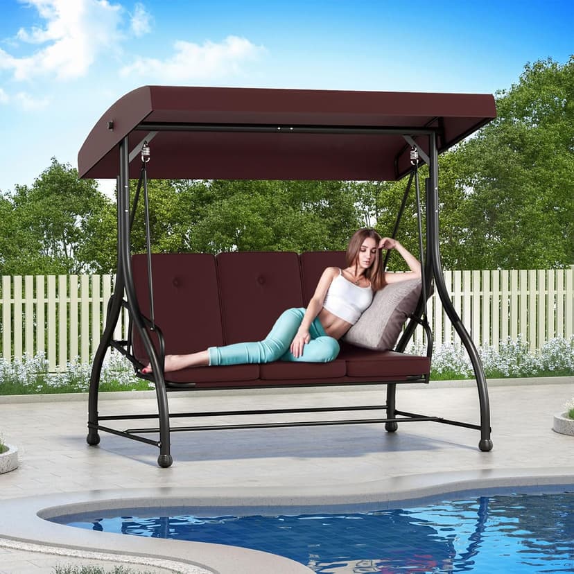 3-Seat Outdoor Patio Swing Glider - Heavy Duty Steel Frame with Adjustable Canopy & Removable Cushions - All Weather Porch Swings Chair for Backyard, Garden, Poolside - Brown