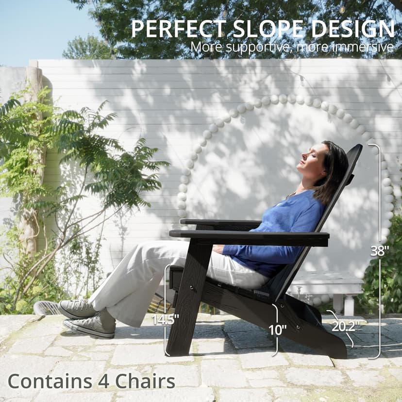LUE BONA Folding Adirondack Chair Set of 4, Black HDPS Fire Pit Patio Chairs Weather Resistant, Modern Plastic Outdoor Chairs with Cup Holder