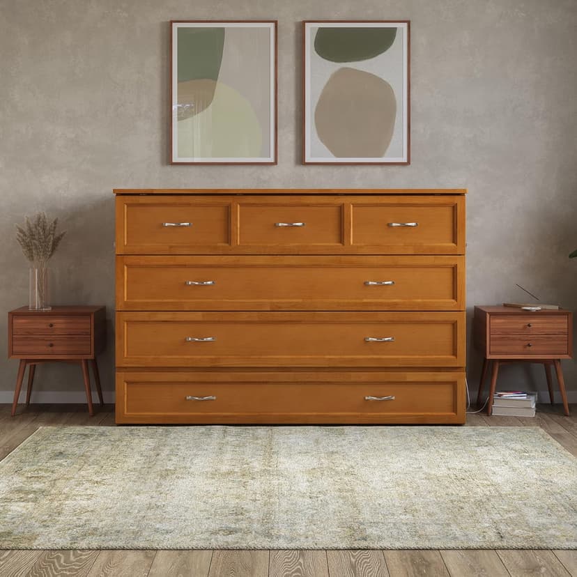 AFI, Northfield Queen Murphy Bed Chest with 6" Mattress, Storage Drawer & Built-in USB Charger, Light Toffee