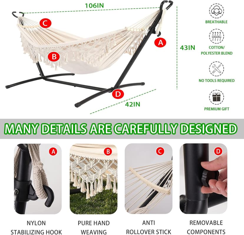 Double Hammock with Stand Upgraded Phone Holder Portable Heavy Duty Stainless Steel Indoor Outdoor Patio Yard Beach with Carrying Case （2022 Beige）