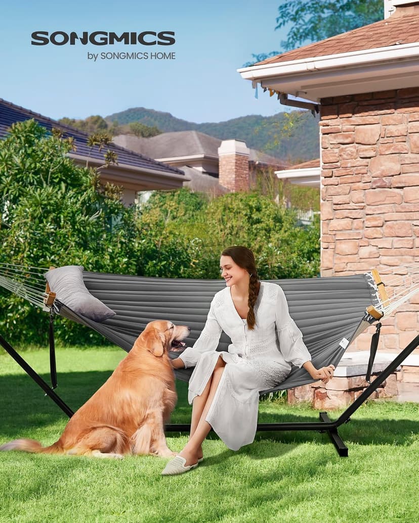 SONGMICS Hammock with Stand, Quilted Hammock with Curved Bamboo Spreaders, Pillow, 78.7 x 55.1 Inches, Portable Padded Hammock Holds up to 440 lb, Black and Gray UGHS002G01