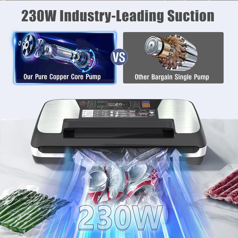 230 Watts Vacuum Sealer for Food, Commercial Vacuum Sealer Machine with Double Heat Seal, Easy Lock Handle, 12 Functions, Bags Storage,Build-in Cutter, 1 Roll and 10 Pre-cut Bags, Progress Display