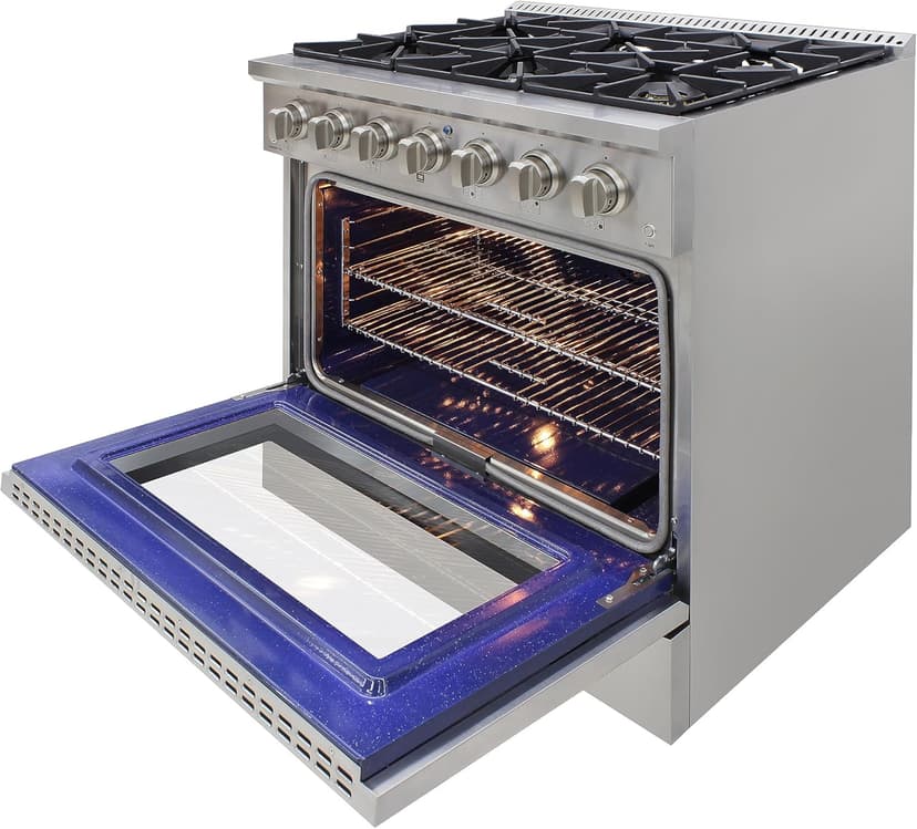 DE360GRSSS Gas Range Cooktop 36-Inch with Porcelain Convection Oven and Broil Function, 6 Sealed Burners and Continuous Grates with Stainless Steel Construction, Silver