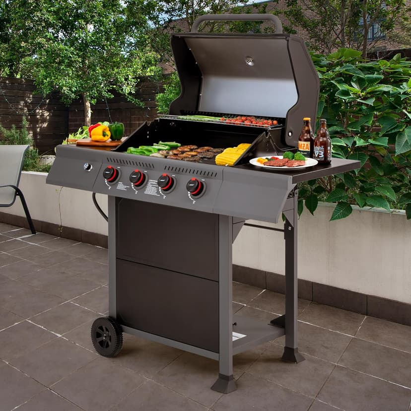 Royal Gourmet GA4401T 4 Burner Propane Gas Grill with Porcelain-enameled Cast Iron Grates, Outdoor BBQ Grill with Warming Rack for Outdoor Cooking and Backyard Barbecues, Black and Gray