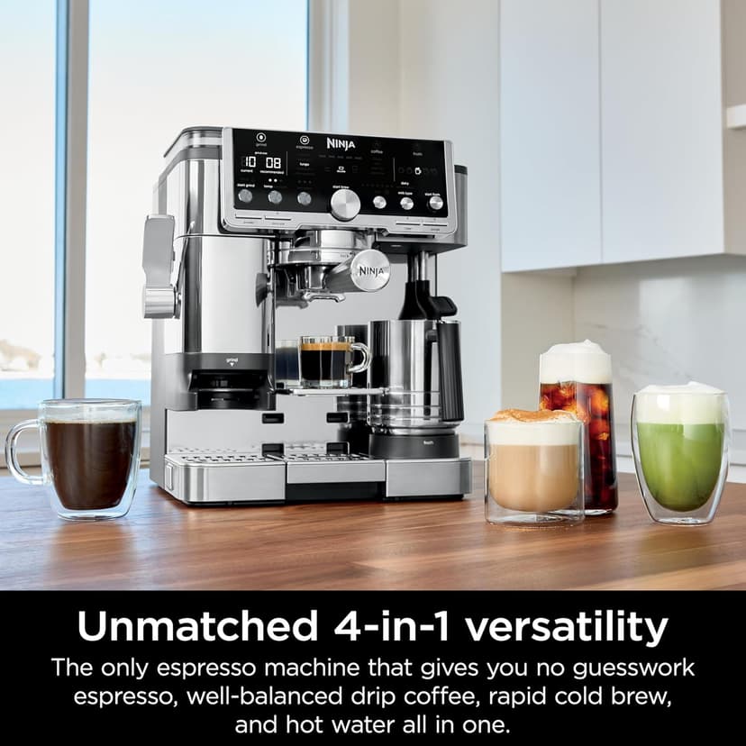Ninja Luxe Café Pro Series, Espresso Machine, Drip Coffee, Cold Brew, Hot Water, Integrated Tamper, Built-in Grinder, Hands-Free Frother for Cappuccinos, Lattes, Americanos, Dairy or Non-Dairy, ES701