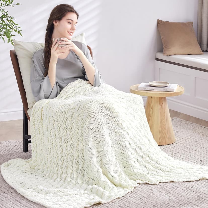 Knitted Weighted Blanket for Adult, No Beads Heavy Blanket 48” x 72'' 12lbs, Breathable Chunky Knit Blanket, Cooling Weighted Blanket for Hot Sleepers, Christmas Home Decor (Ivory White)