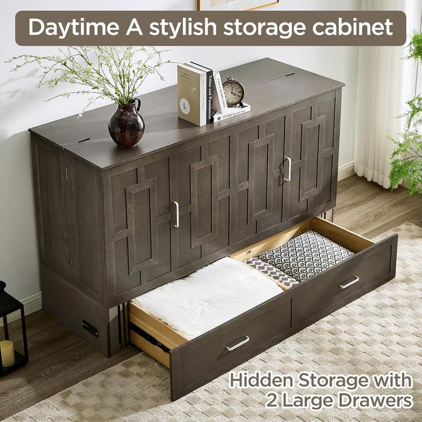 Murphy Bed Cabinet with Mattress, Queen Size Wall Beds with Large Storage Drawer and Charging Station, Hideaway Murphy Bed Chest for Home Office or Small Room (Gray)