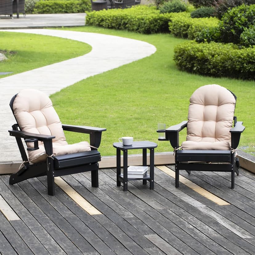 nalone Folding Adirondack Chairs Set of 2 with Cushions and Cup Holder, HDPE Plastic Oversized Patio Chair Weather Resistant, Used in Outdoor, Fire Pit, Deck, Garden, Campfire Chairs (Black)