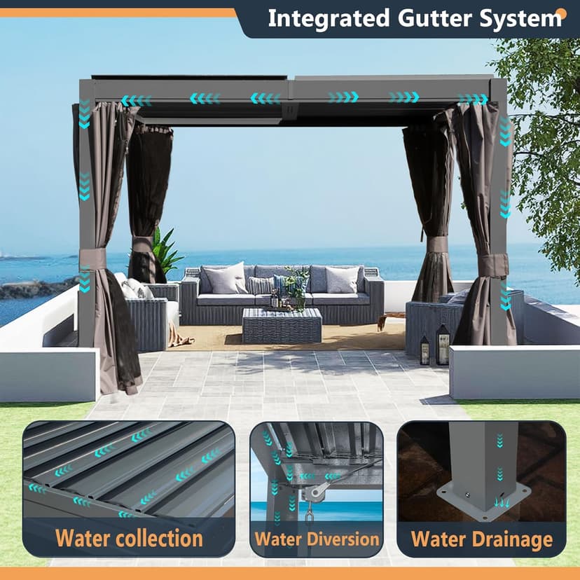Domi 10x12FT Outdoor Louvered Pergola Full Aluminum Structure,Patio Pergola with Two Independently Adjustable Roof for Backyard, Sun Shade Gzebo with Gutter System for Garden Deck(Dark Gray)