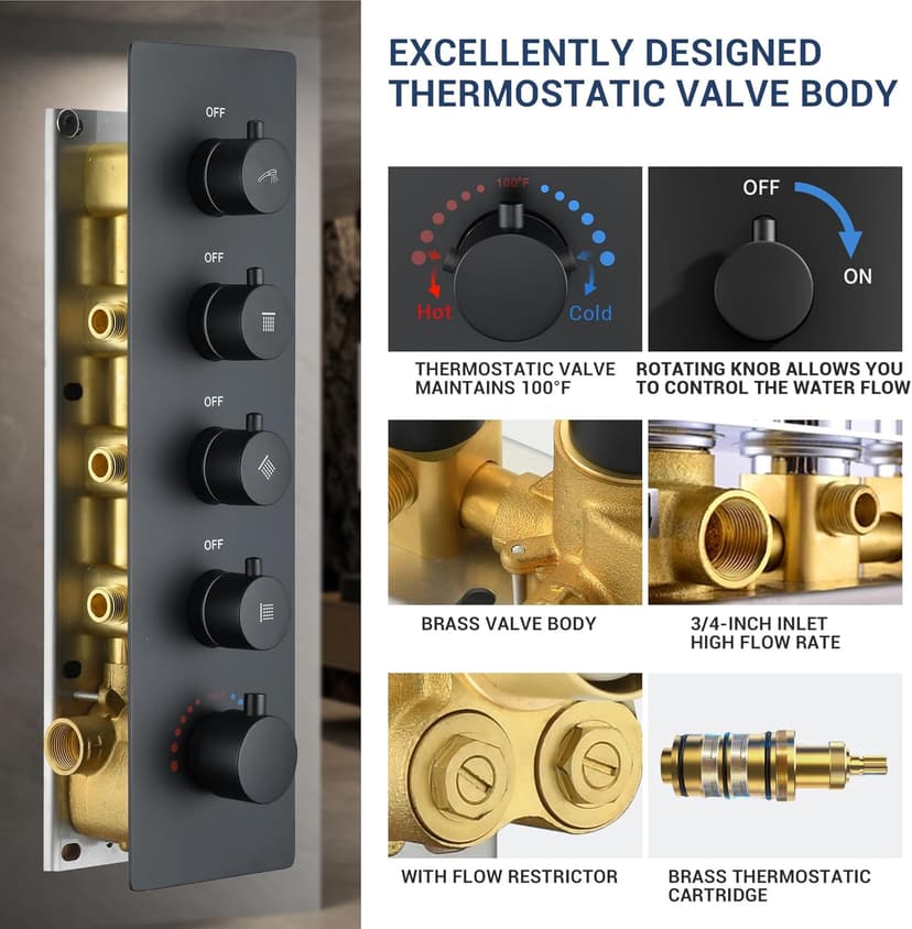 32” Luxury Thermostatic Full Body Shower System with 32-Inch Mist & Rainfall Shower Head & 6 Body Jets, Handheld, JetsBath Matte Black Two Person Shower Faucet Set, Smart Shower System for Couples