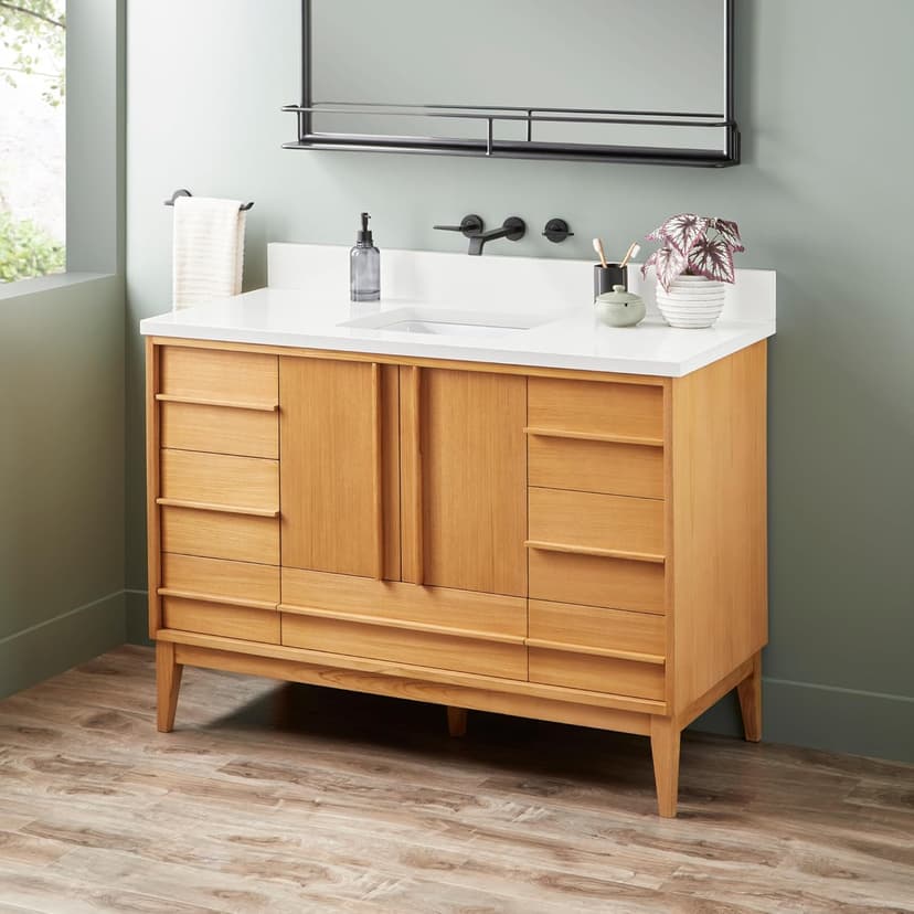 Signature Hardware 955208-48-RUMB Sybill 48" Freestanding Teak Single Basin Vanity Set with Cabinet, Vanity Top, and Rectangular Porcelain Sink - No Faucet Holes - Natural Teak/Arctic White