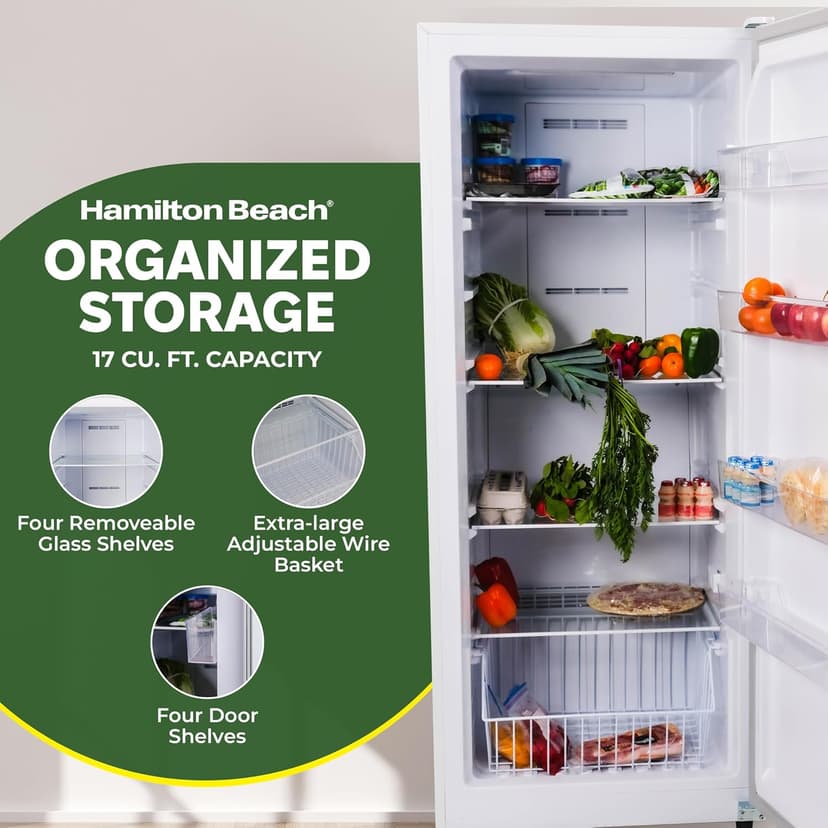 Hamilton Beach HZ8971 17 cu ft Upright Convertible Fridge/Freezer-Frost Free-Reversible Door-Removable Glass Shelves-LED Interior Light, White