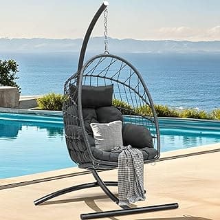 DWVO Egg Chair with Stand, Hanging Outdoor Rattan Wicker Patio Hammock Indoor Egg Chair with Cushion, Hanging Swing Chair 350lbs for Porch, Garden, Bedroom, Balcony, Gray
