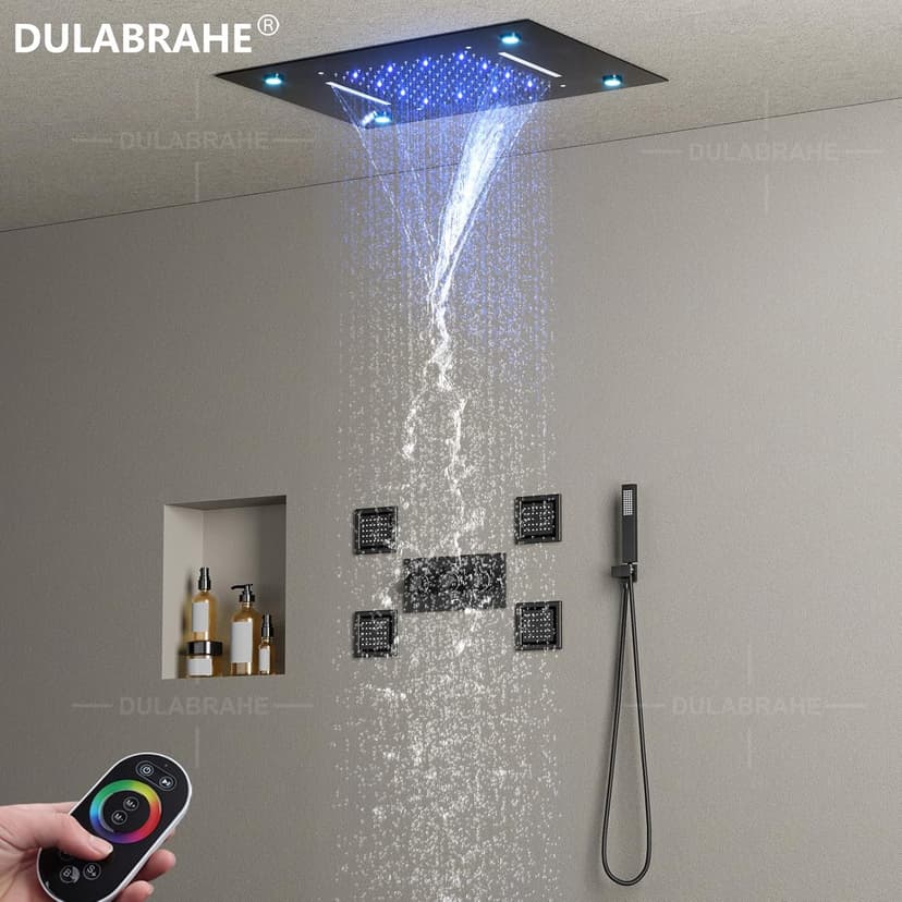 Waterfall And Rain Shower System Faucet Set 14 X 20 Inch LED Ceiling Rainfall Matte Black Shower Head With Handheld Spray Combo Shower Body Jets For Bathroom